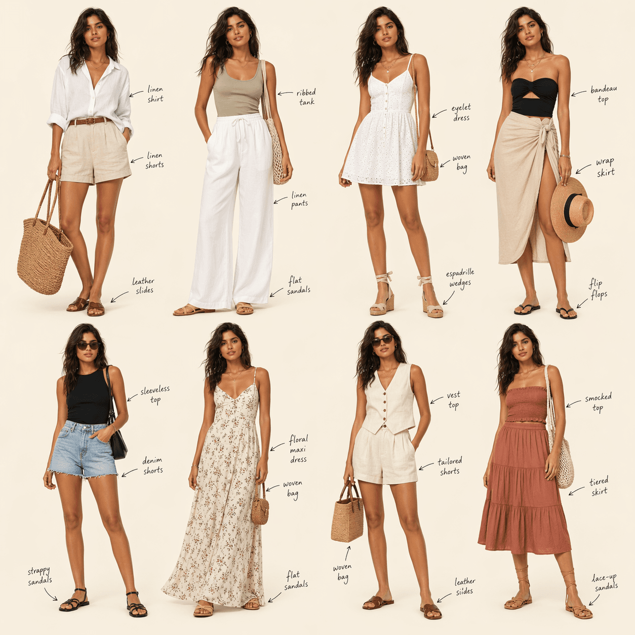 GPT Image 2 generated fashion editorial collage with eight full-body outfits and handwritten clothing labels.