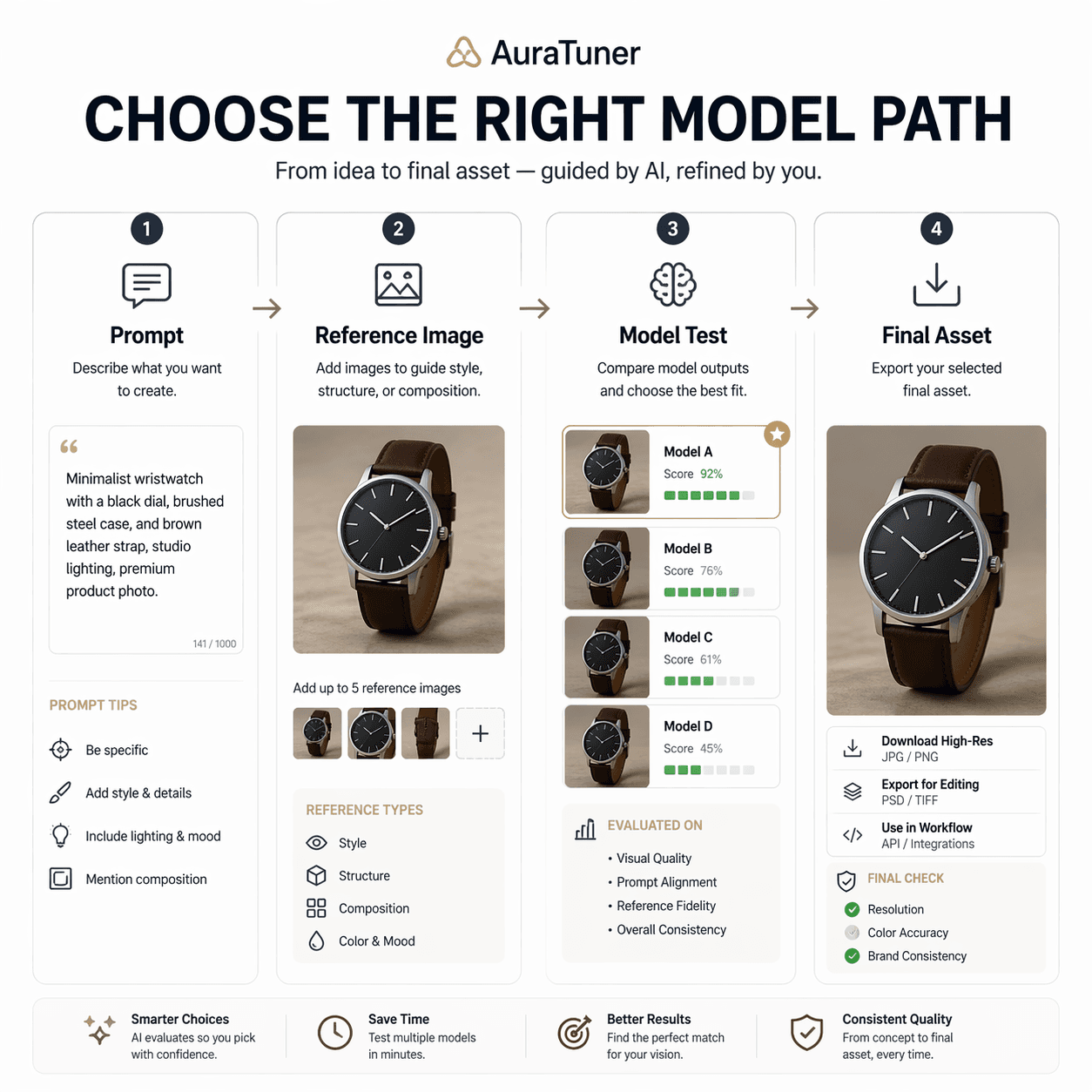 AuraTuner model comparison matrix showing weighted scoring for prompt alignment and visual quality.