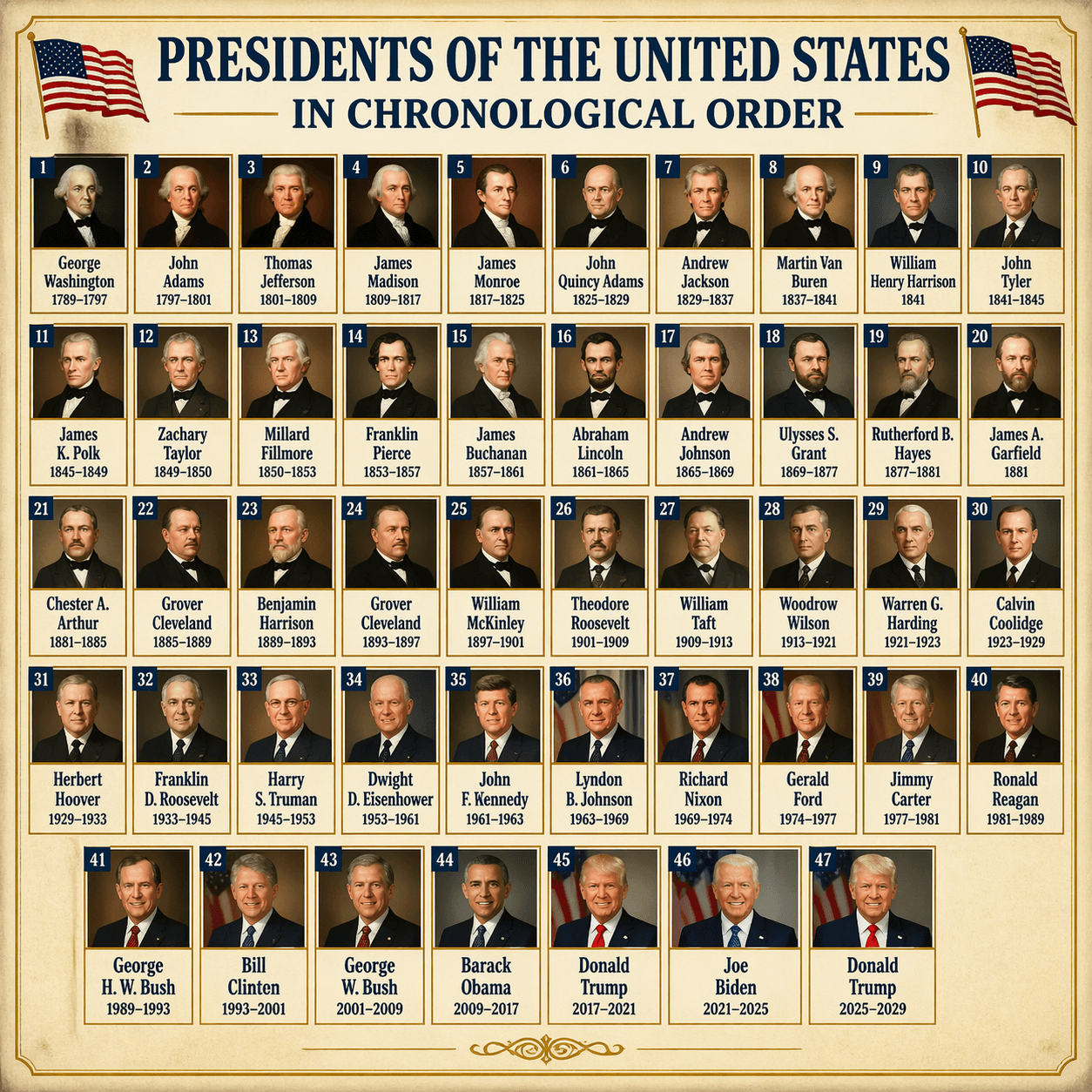 GPT Image 2 generated educational poster of U.S. presidents in chronological order.