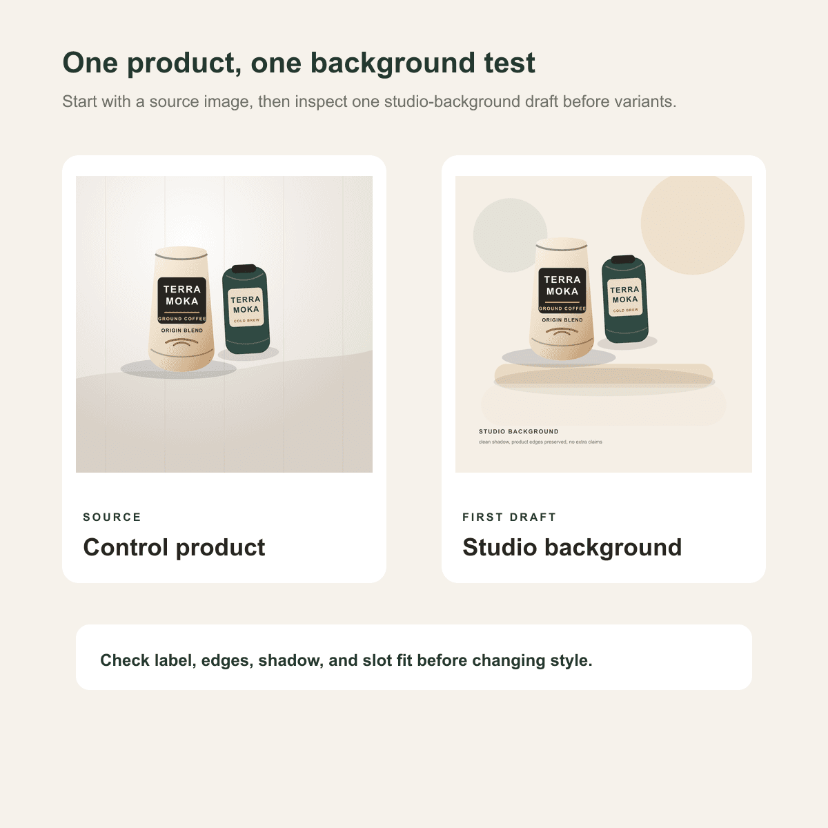 Sample product background workflow showing a source product and one studio background draft.