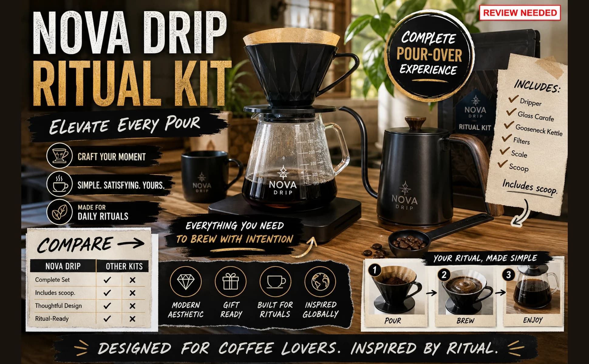 Generated NOVA DRIP creative marked review needed with crowded text, badges, props, and comparison blocks.