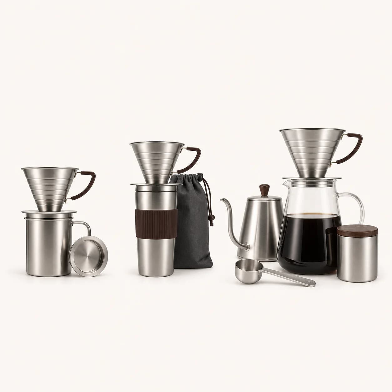 Generated source photo showing three stainless coffee kit variants for an Amazon comparison chart workflow.