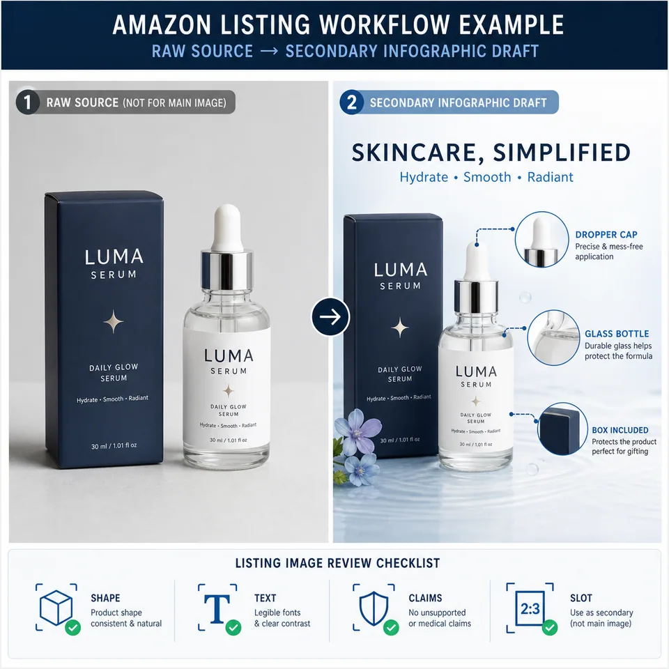 Generated LUMA SERUM workflow case showing a raw source packshot and secondary infographic draft.