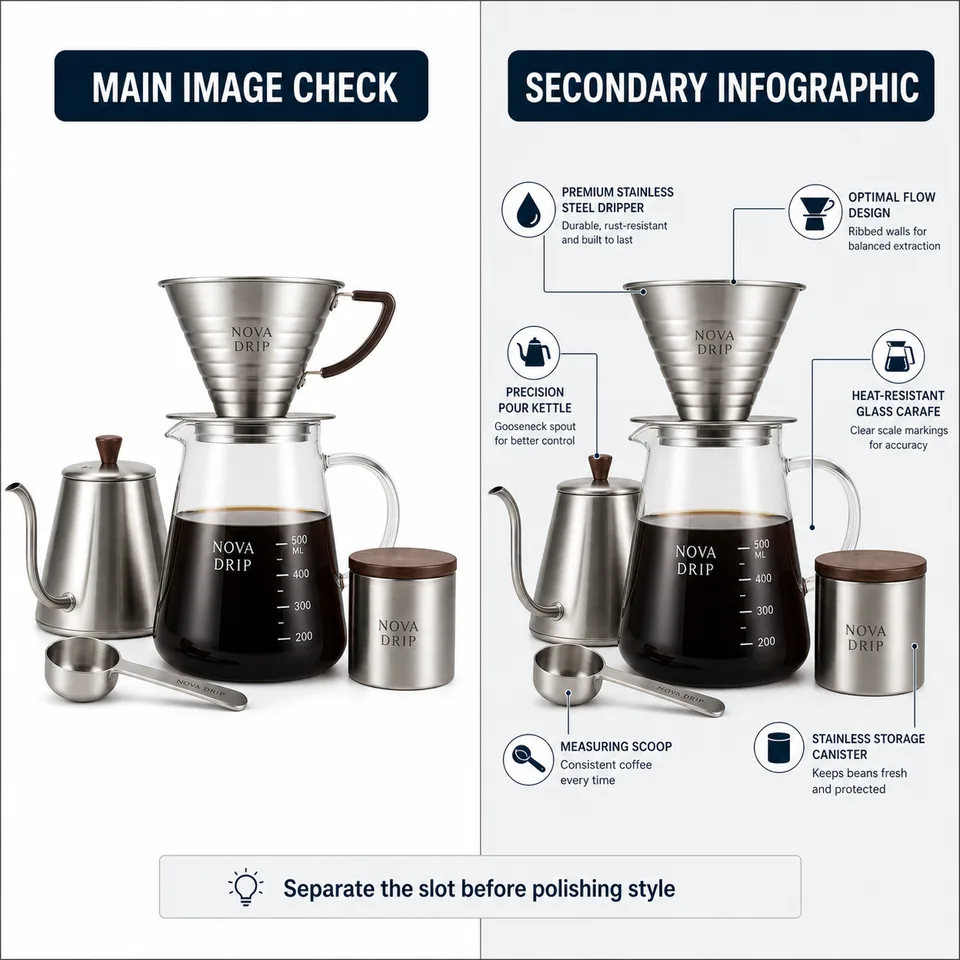 Generated workflow example separating an Amazon main image check from a secondary infographic.