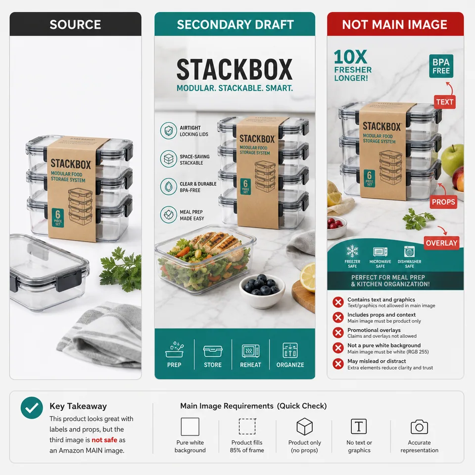 Generated STACKBOX workflow case showing source image, secondary draft, and not-main-image review.