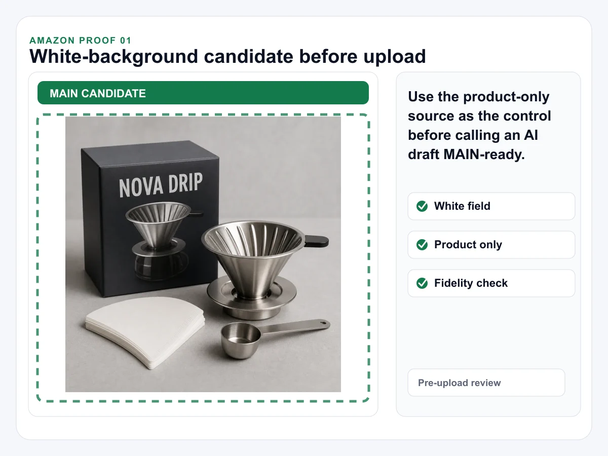 Amazon main image proof showing a white-background product candidate and checklist.