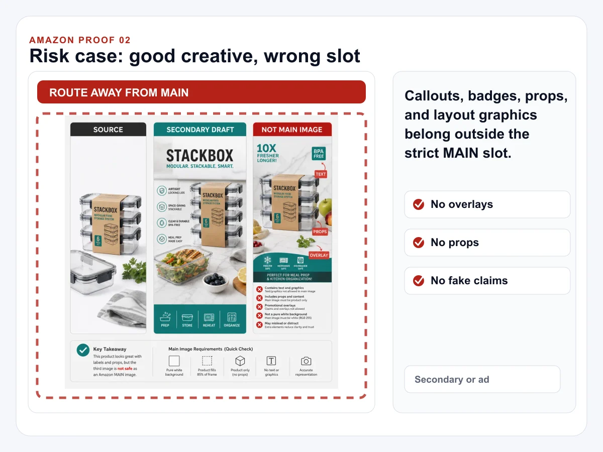 Generated Amazon product image review showing a main image check and secondary infographic slot split.