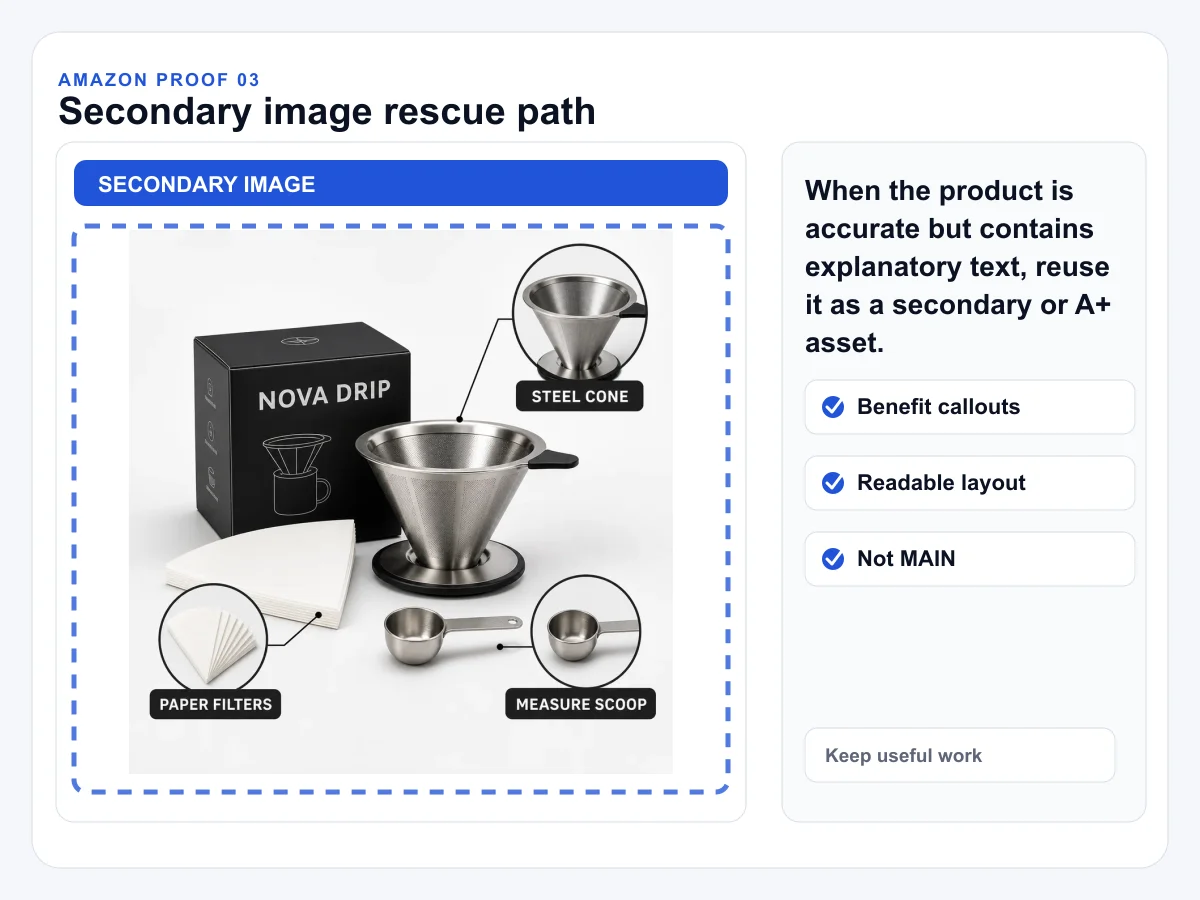 Amazon secondary image proof showing infographic creative rescued from main image review.