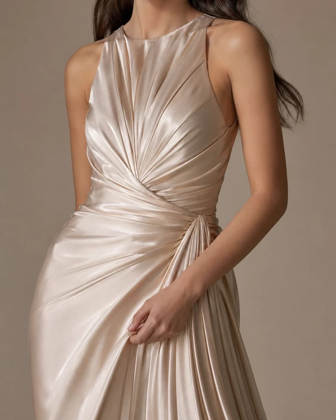 Material-detail satin dress source still.