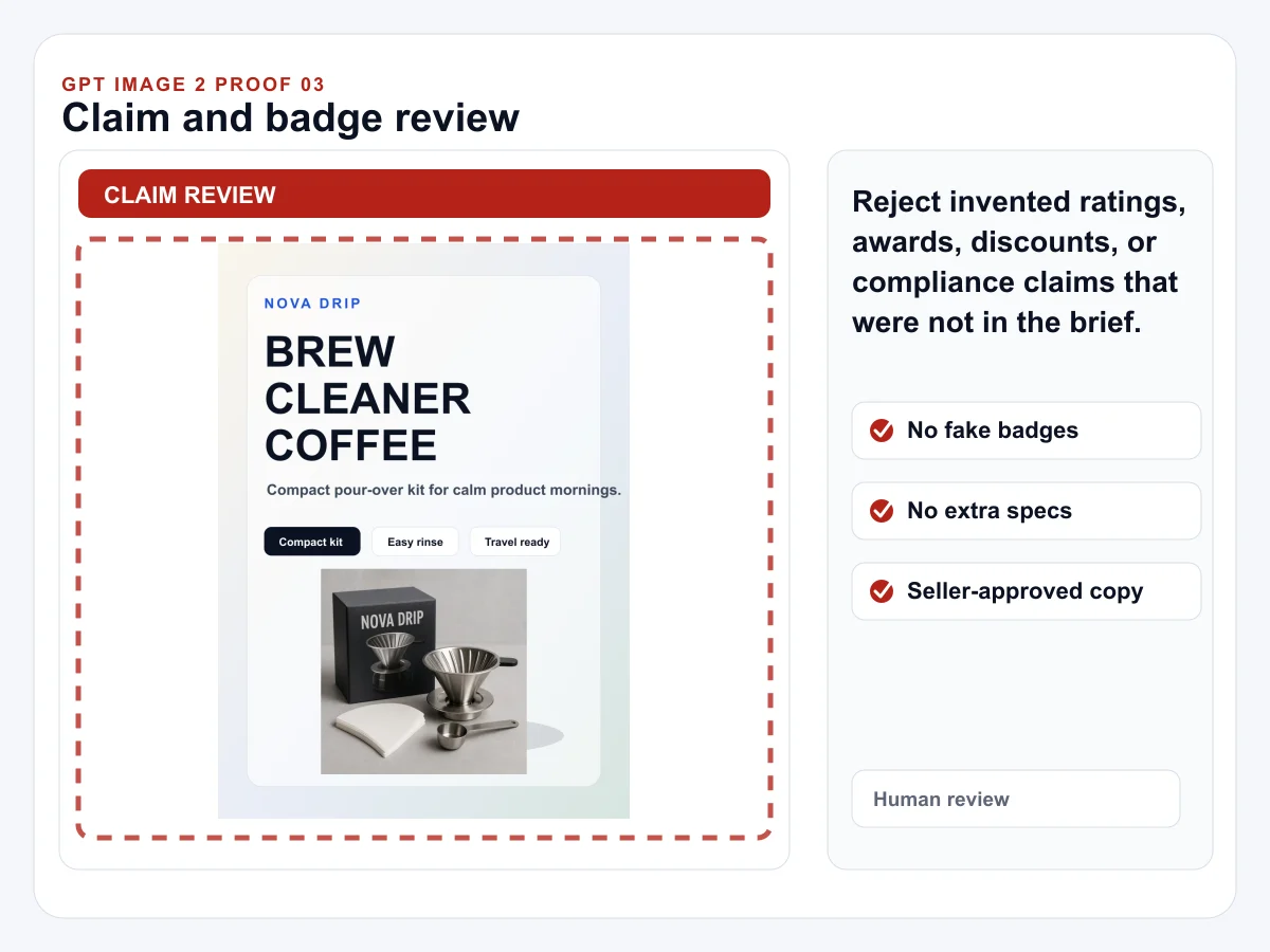 GPT Image 2 product poster proof showing a claim and badge review checklist.