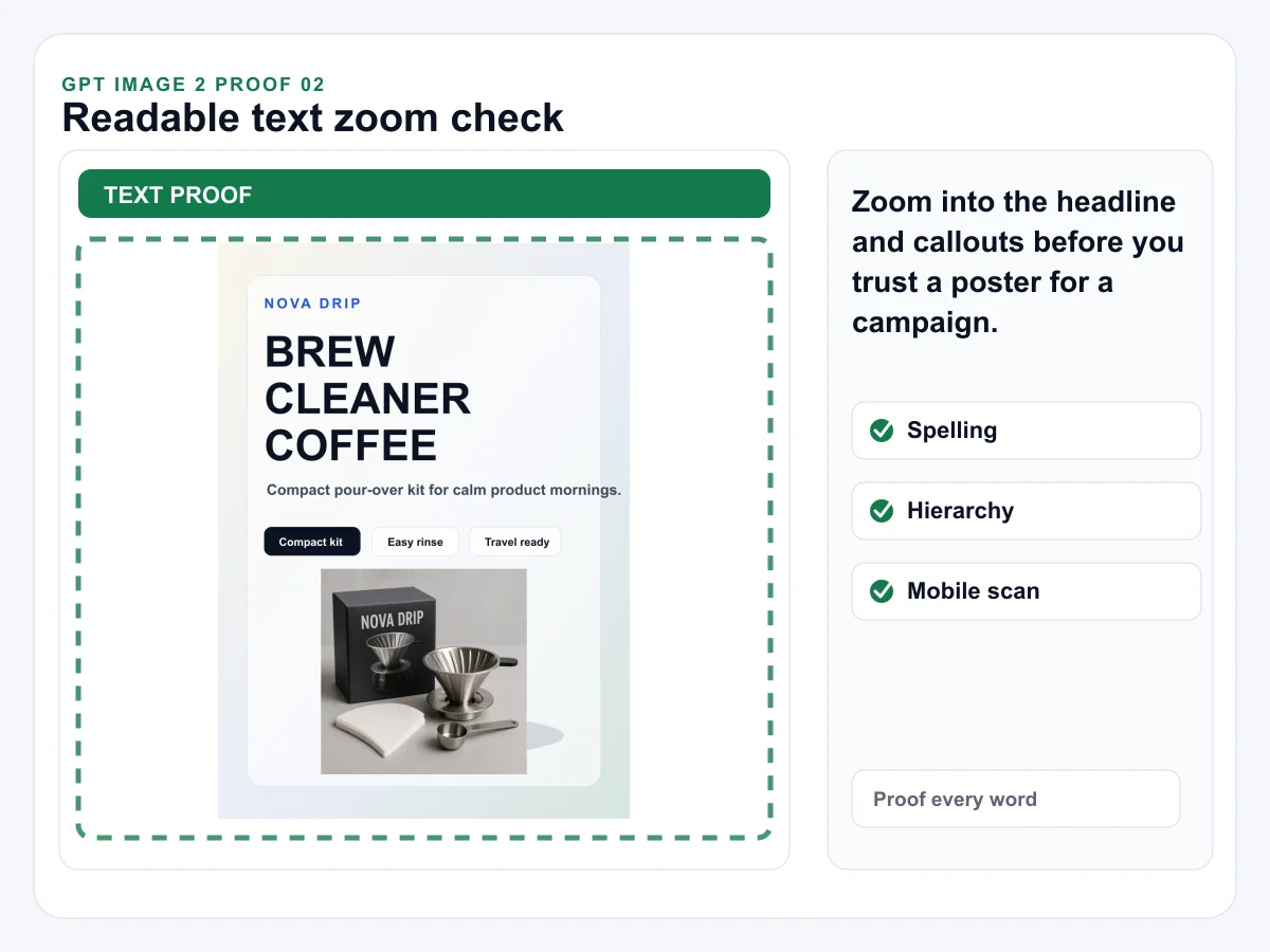 GPT Image 2 product poster proof showing a readable text zoom check.