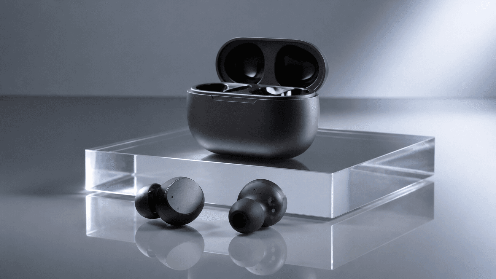 Generated source product photo of matte graphite earbuds.