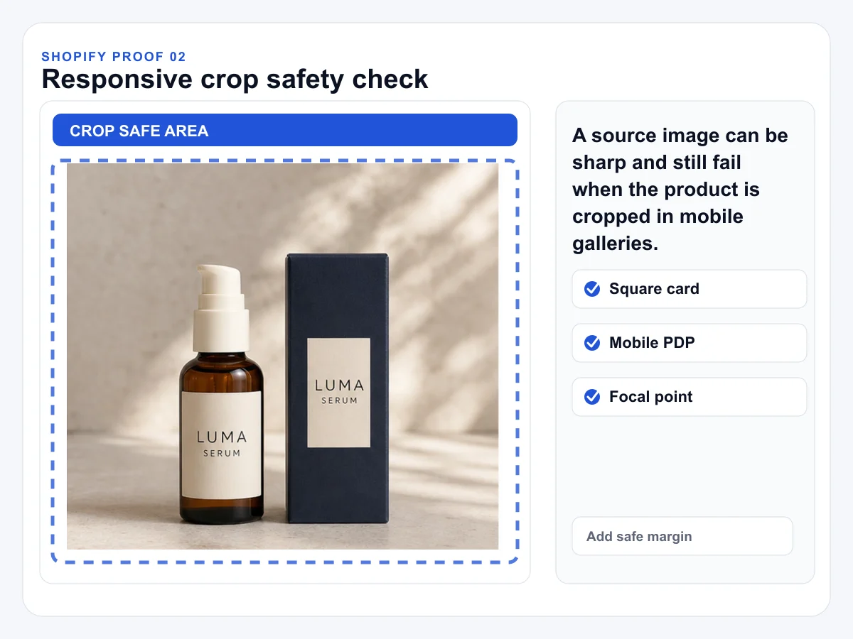 Shopify product media proof showing a responsive crop safety check for product images.