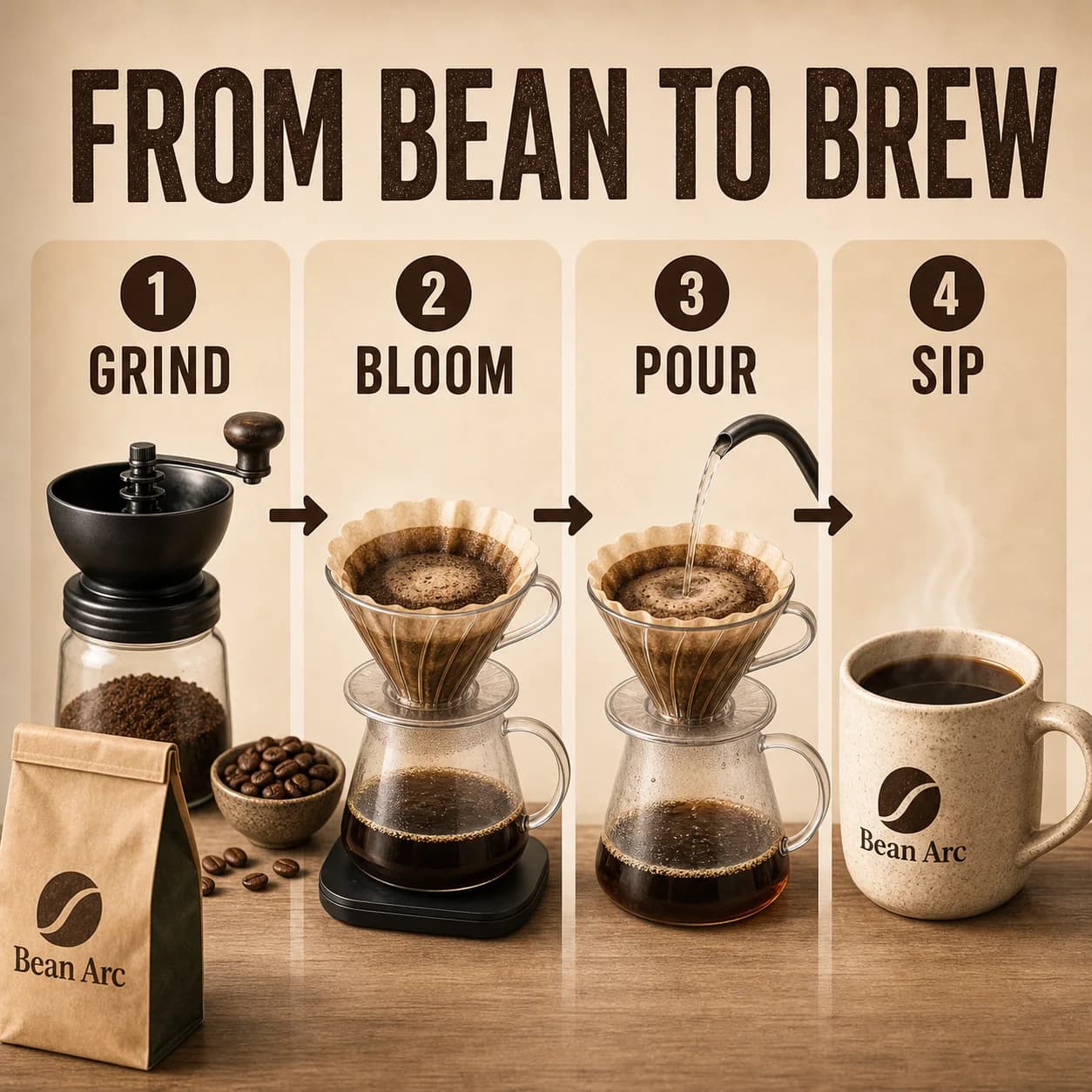 Generated coffee process infographic with four readable steps.