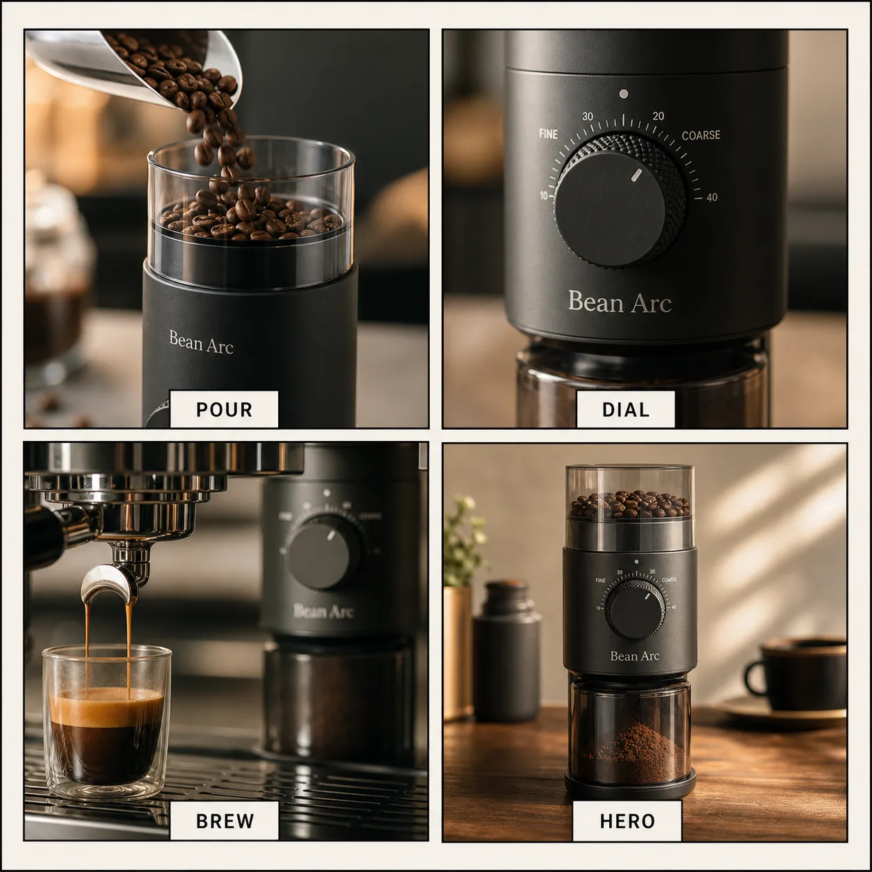 Generated four-panel espresso product ad storyboard with readable frame labels.