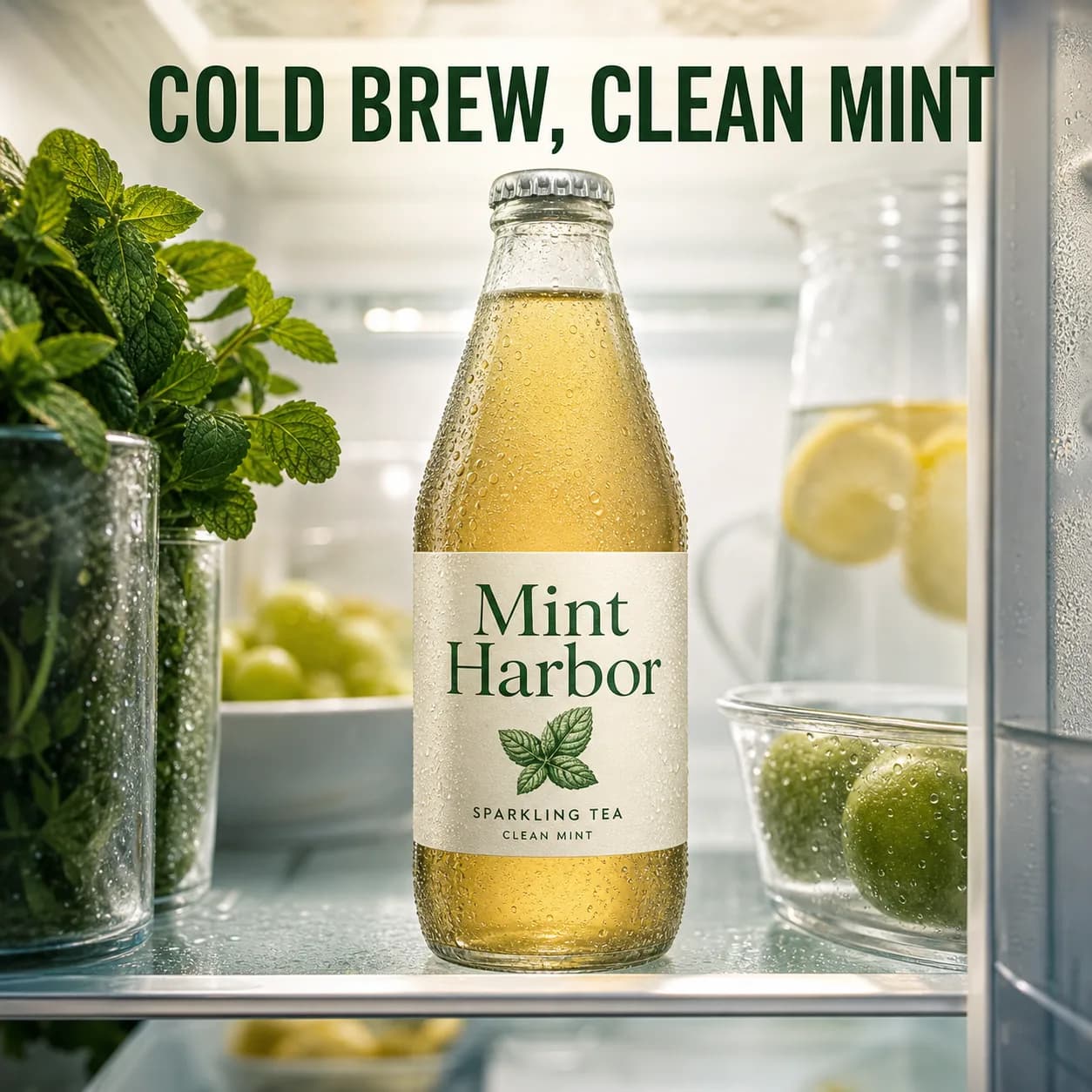Generated fridge point-of-view sparkling tea product ad image.