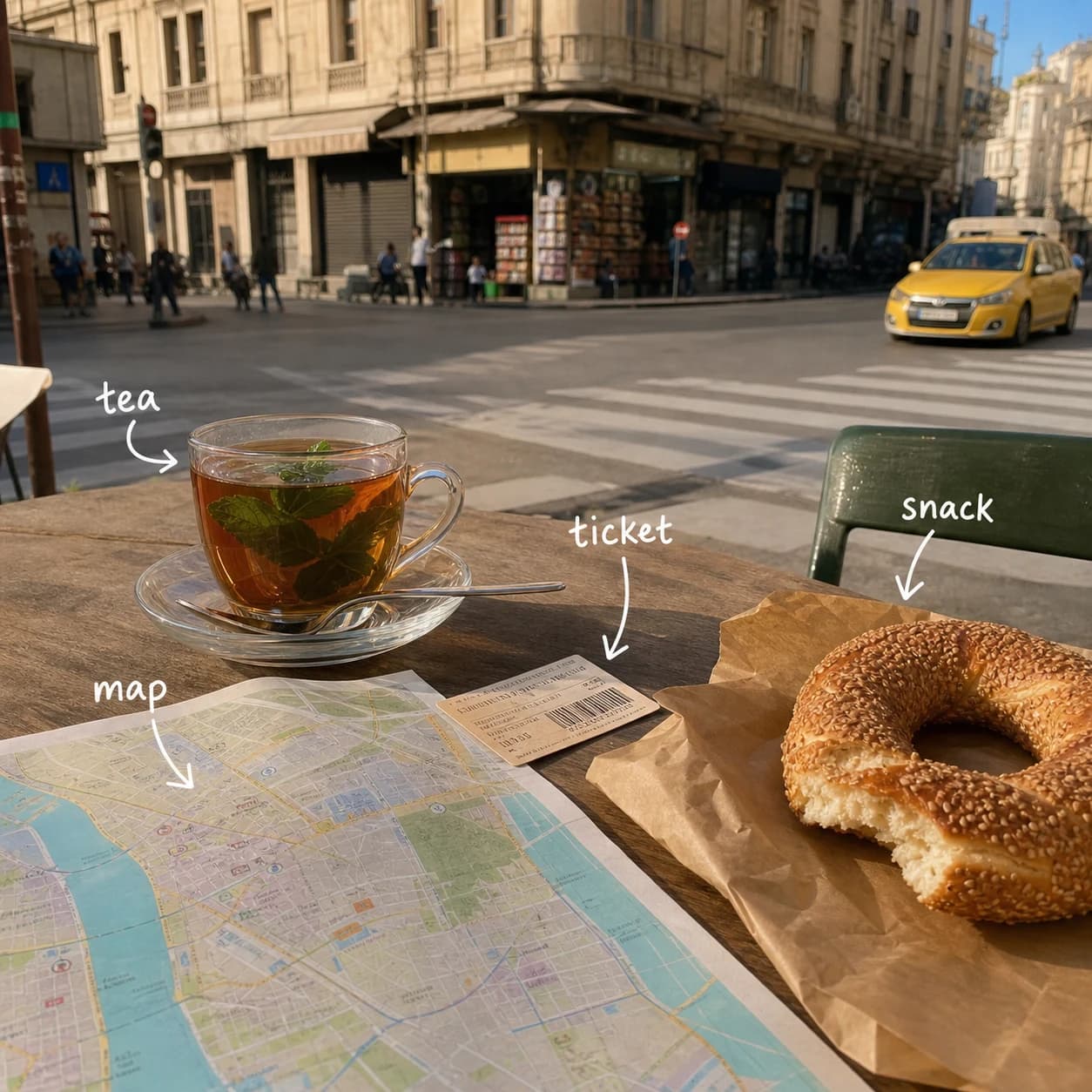 Generated travel phone photo with factual hand-drawn labels.