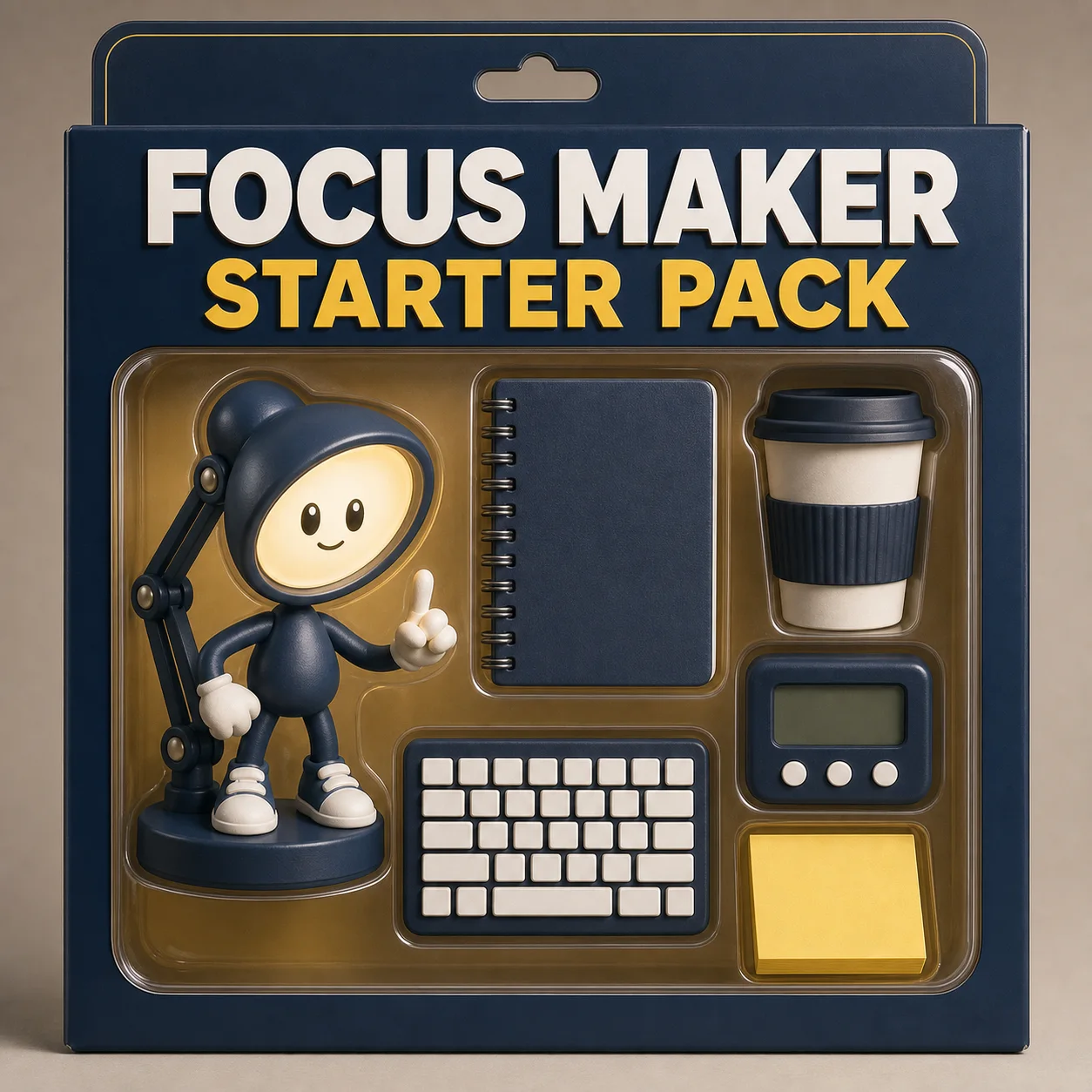 Generated fictional starter pack packaging with readable title.