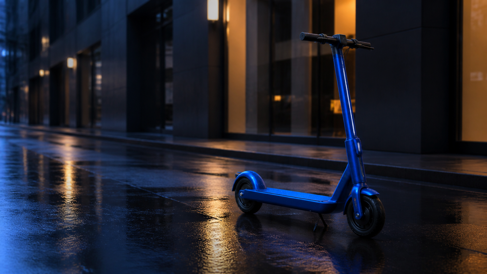 Cobalt-blue electric scooter on a rainy city street, used as a Seedance 2.5 prompt scenario image.