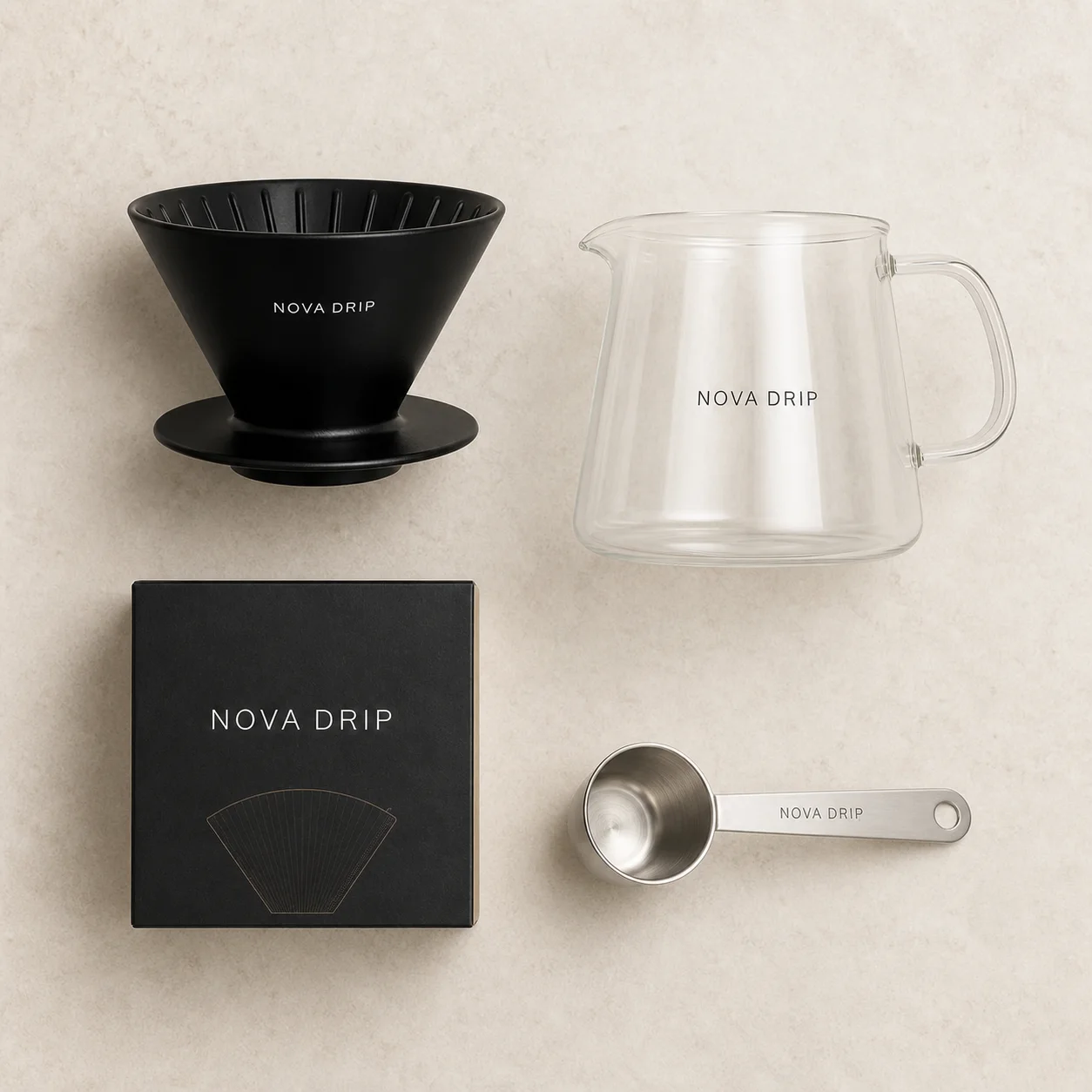 Generated NOVA DRIP included-parts flat lay for an Amazon A+ module draft.
