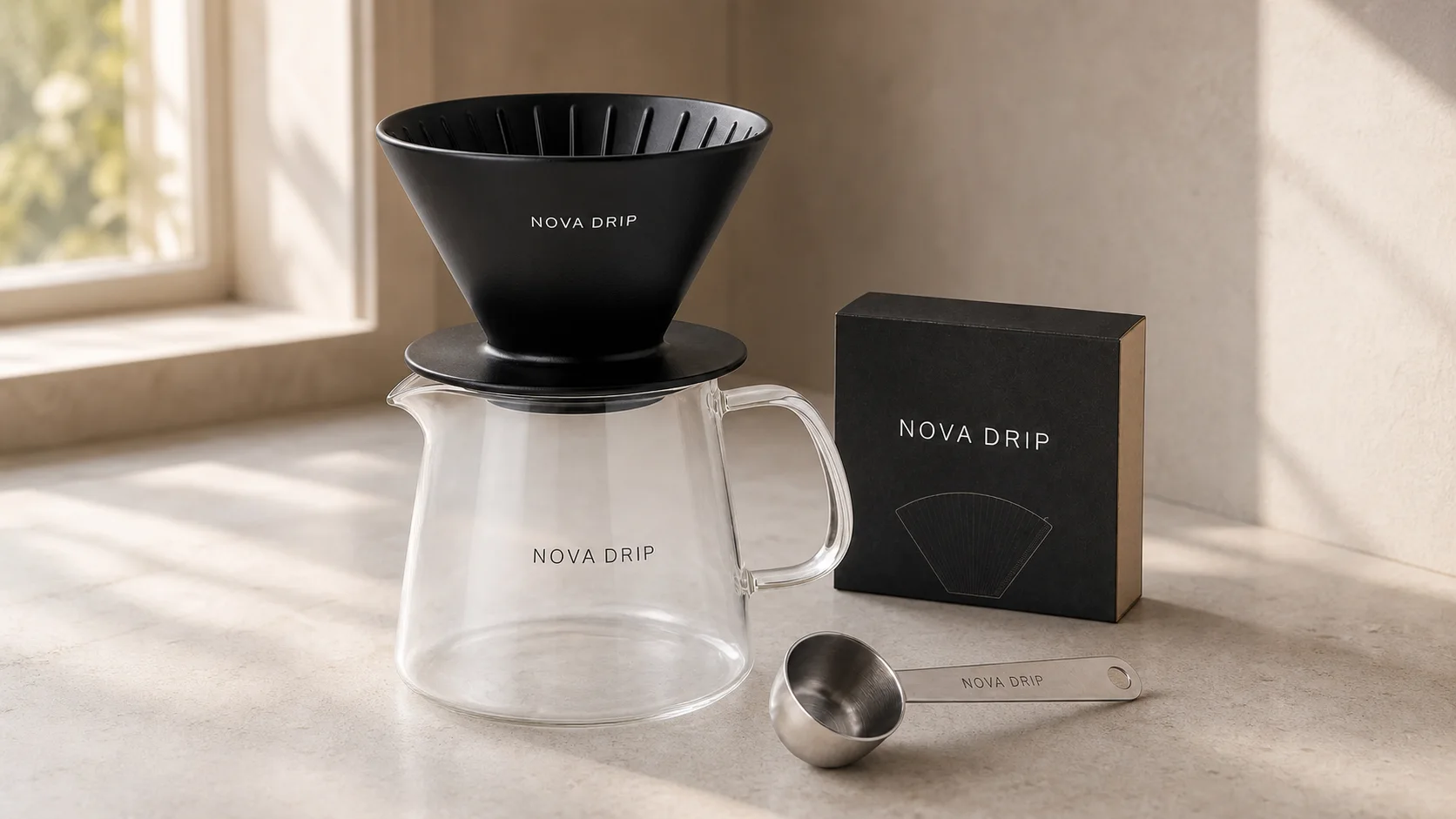 Generated wide NOVA DRIP lifestyle image for an Amazon A+ module draft.