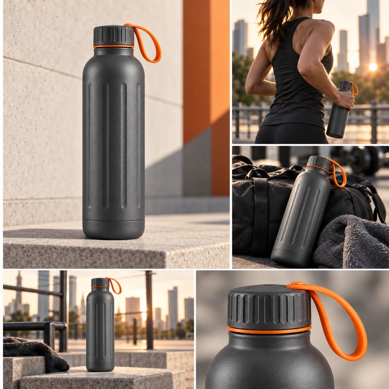 The same charcoal bottle in a city training campaign collage