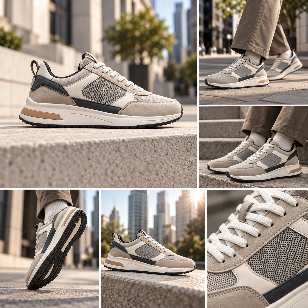 The same light-gray sneaker in a city commute campaign collage
