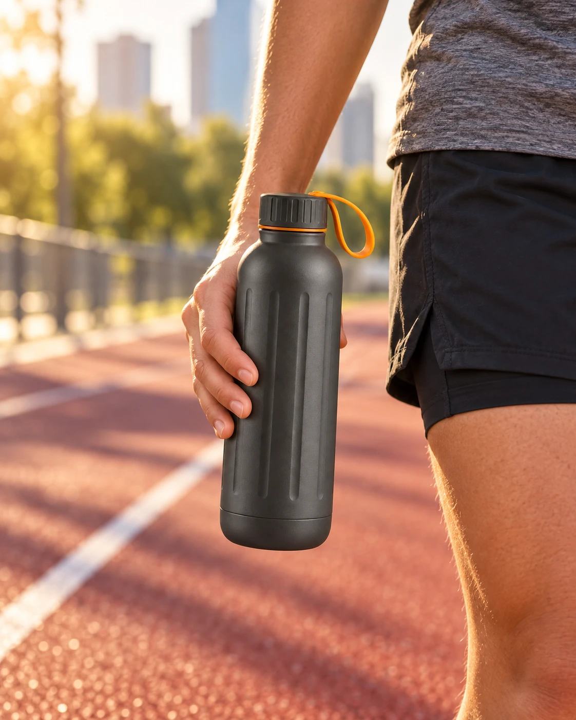 Unbranded charcoal bottle in an in-use running scene