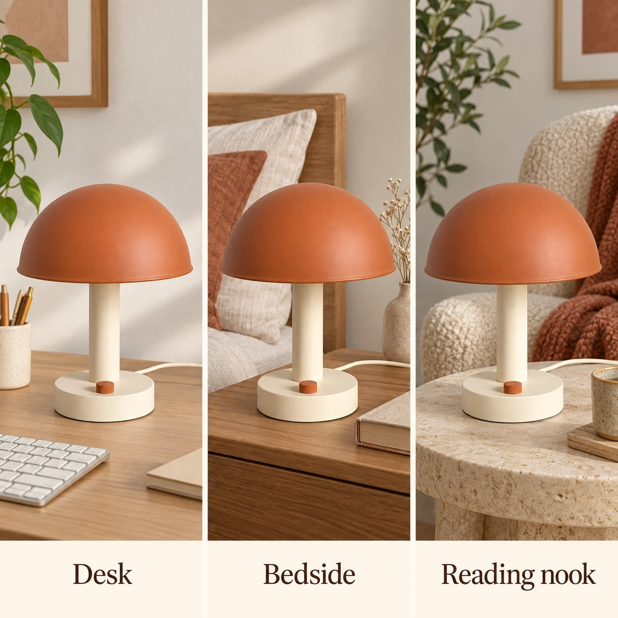 Three-panel desk lamp lifestyle collage labeled Desk, Bedside, and Reading nook.