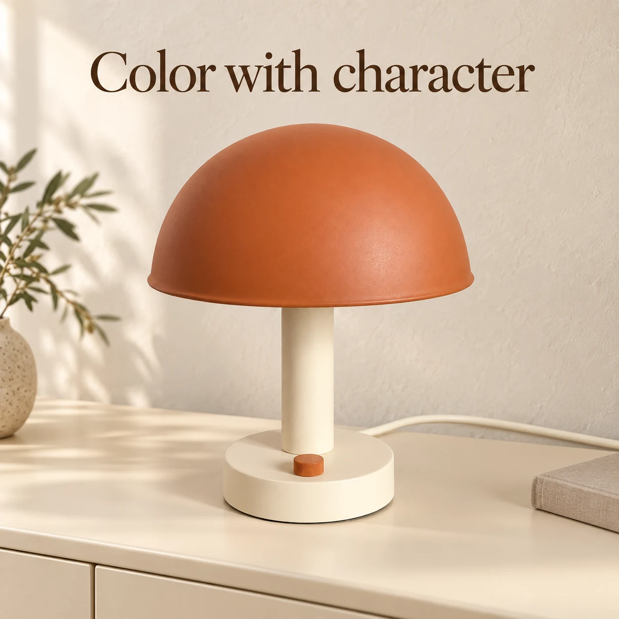 Cream and terracotta desk lamp shown in a warm product scene.