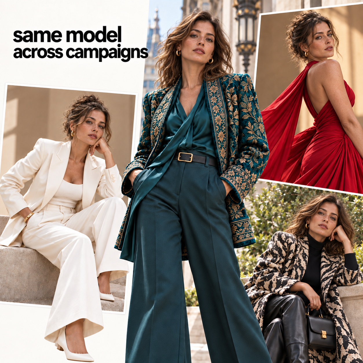 A North American fashion model styled for four campaigns in embroidered teal, ivory tailoring, a ruby-red dress, and a patterned coat
