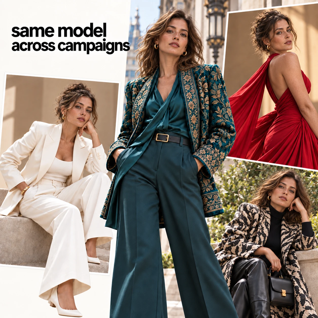 Campaign concept with teal embroidery, ivory tailoring, a red dress, and a patterned coat