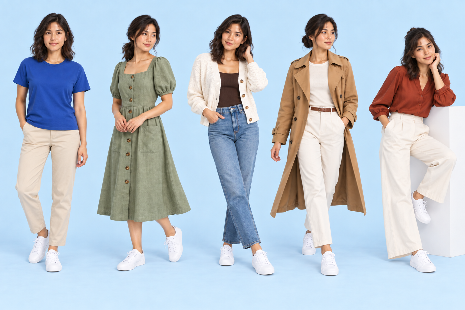 The same model in five different outfits, poses, camera angles, and hairstyles