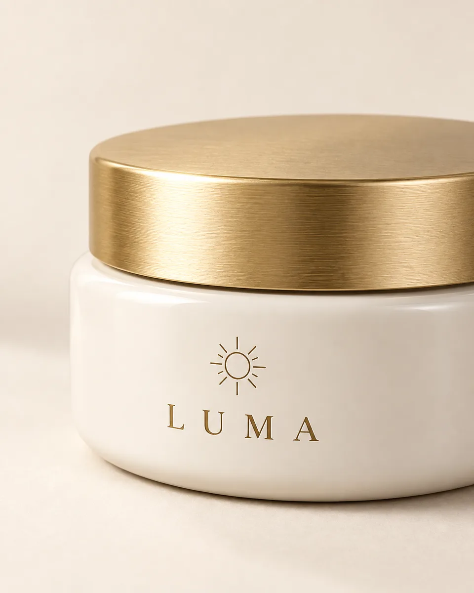 Close view of the LUMA jar's gold lid and ceramic package, generated from the source