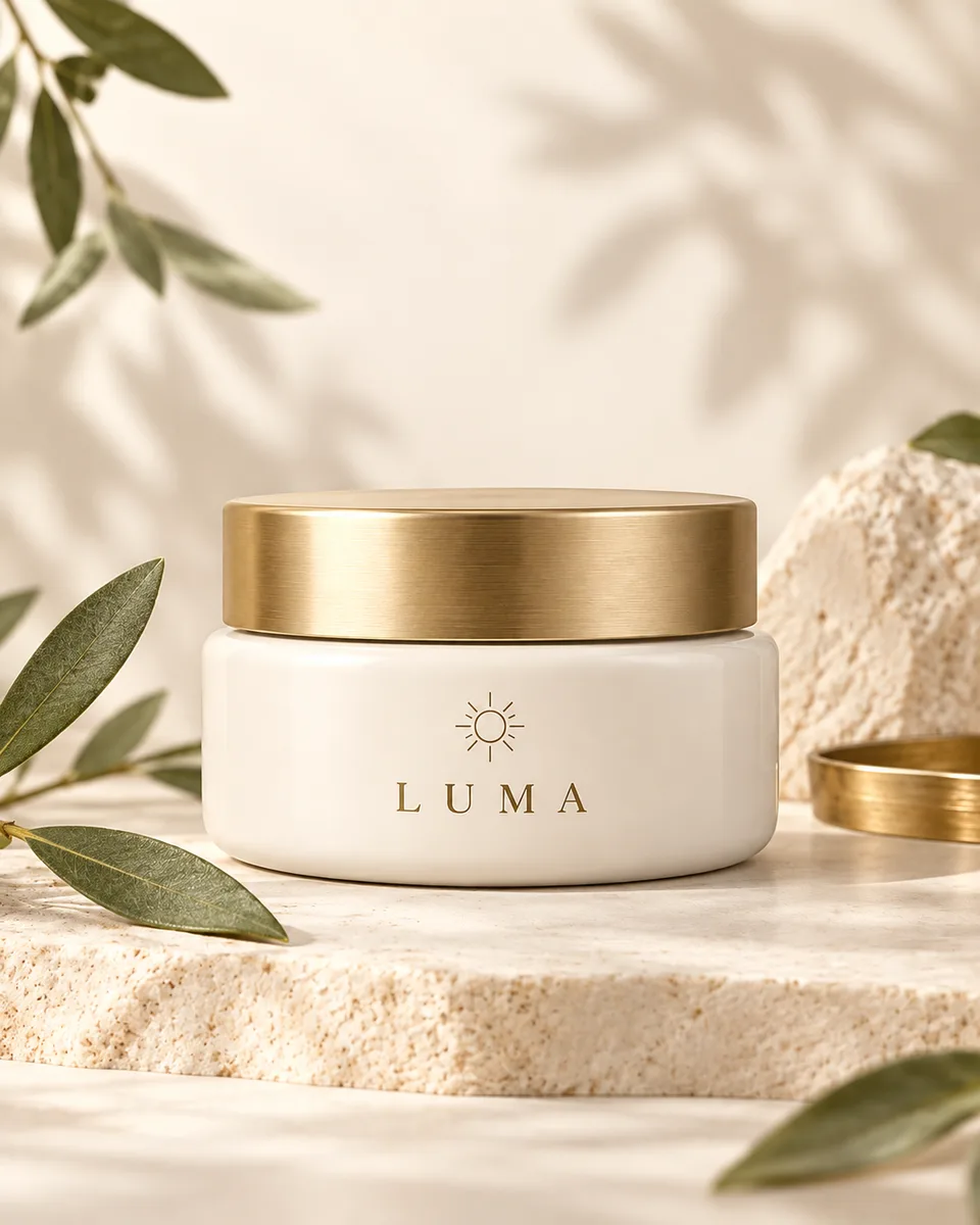 LUMA moisturizer jar in an ivory botanical setting, generated from the product source
