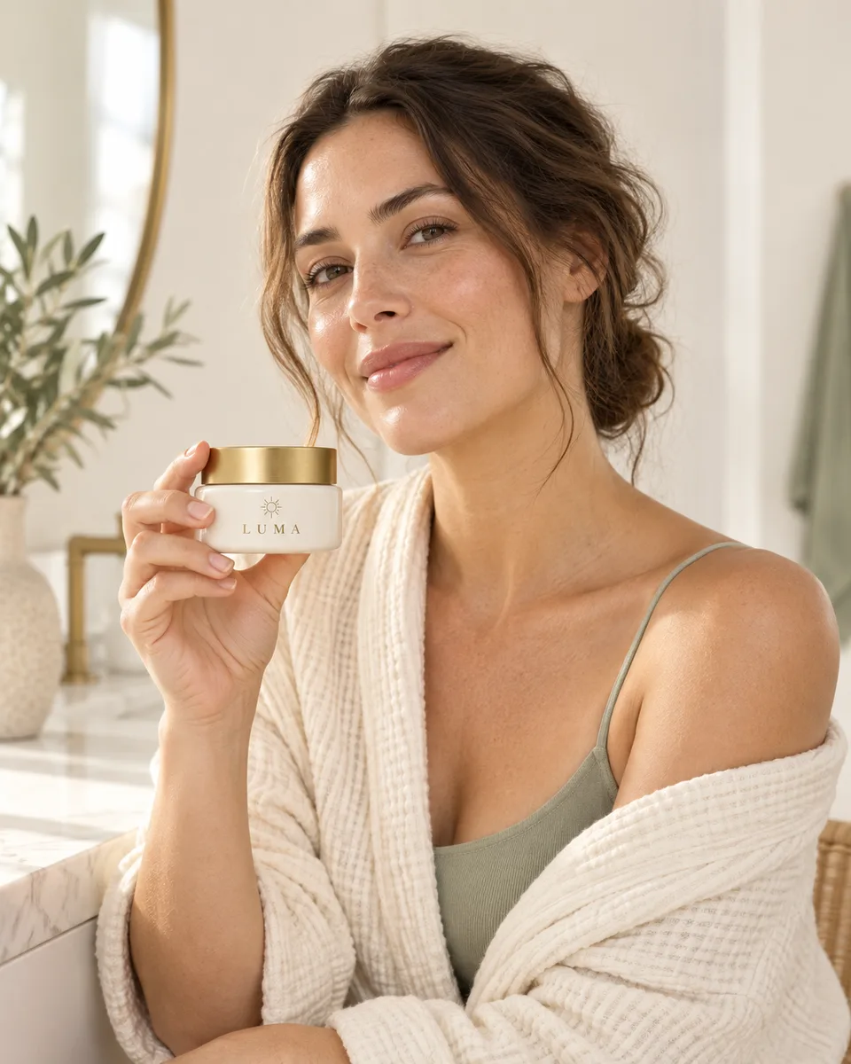 Adult woman holding the LUMA moisturizer jar in a bright bathroom, generated from the product source